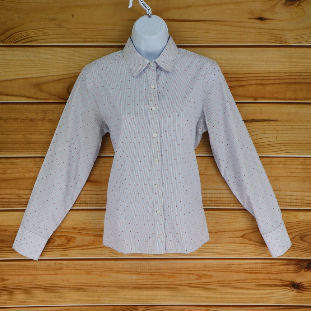 Lands' End Long Sleeve Button Up Shirt Non-Iron Womens Sz 8 White Striped Cotton